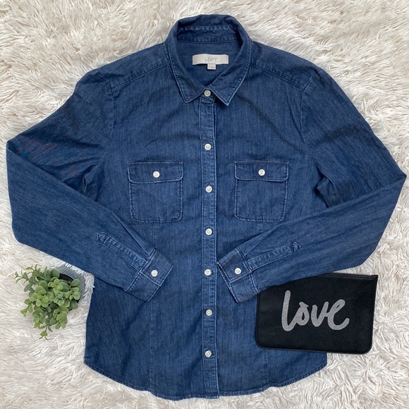 Loft Denim Button Down Shirt 💗 Dark Wash - Picture 2 of 12